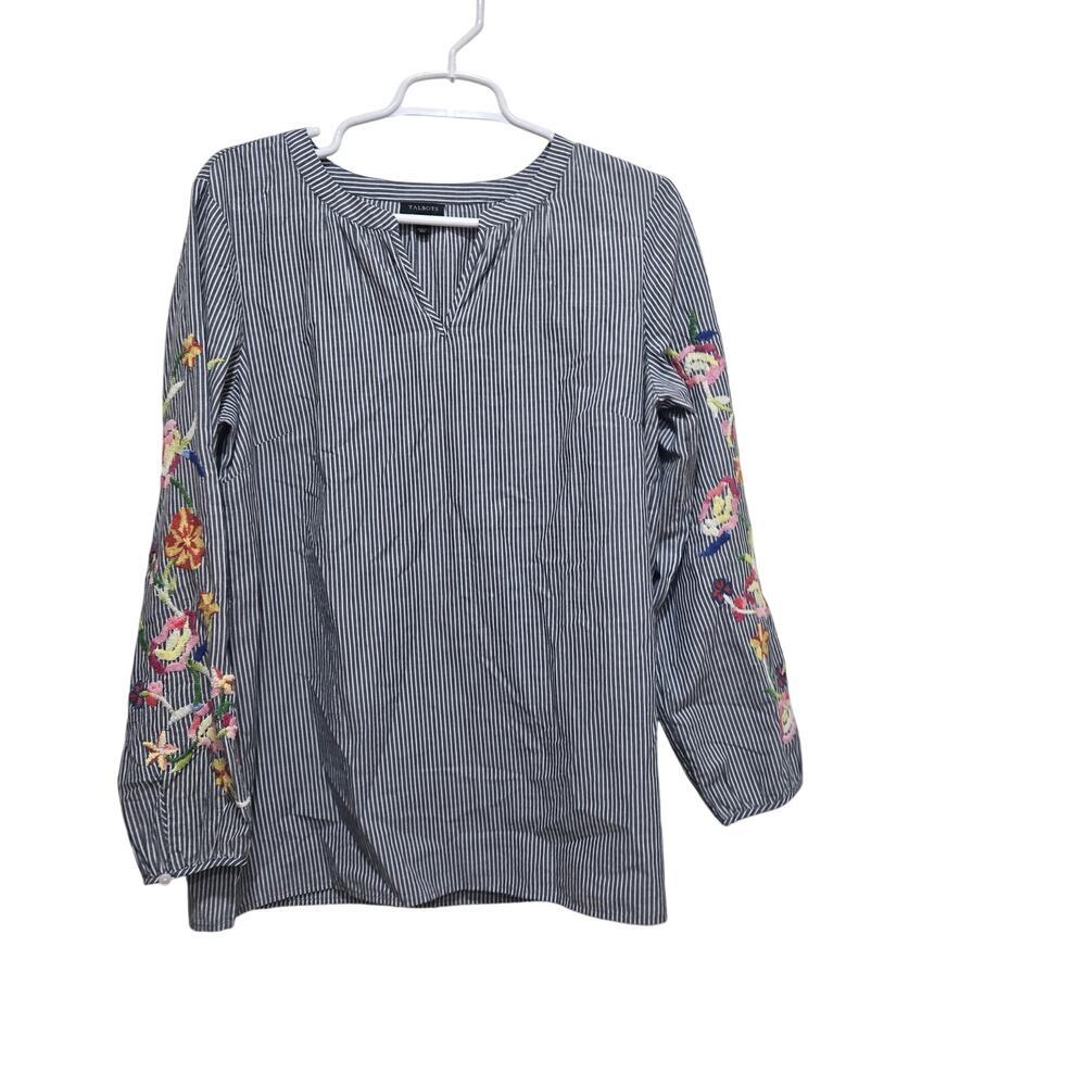 Talbots Embroidered Sleeve Stripe Blouse Medium Cotton Split Neck
